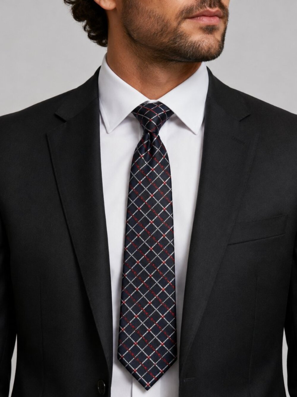 Vintage Van Heusen Tie Black Red Silver Geometric USA Silk Blend Mens Retro 90s